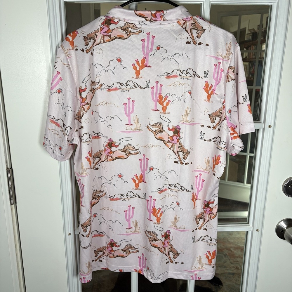 Hivichi Men's XL Western Cowgirl Print Polo Golf Shirt Pink - Picture 8 of 11